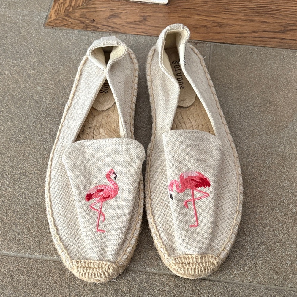 Soludos Flamingo Embroidered Espadrilles - Cream and Pink